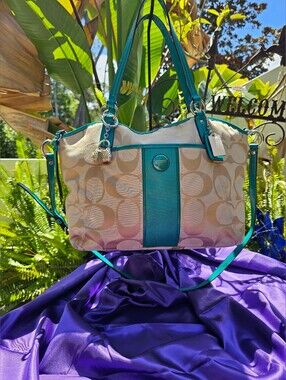Coach Signature Sateen Teal Patent Leather Satchel Crossbody Bag